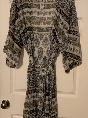 Express Boho Floral Tie-Waist Maxi Coverup - kimono-Black,gold.